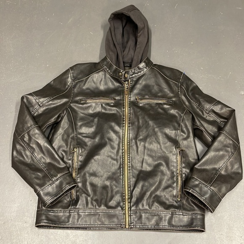 Black Rivet removable hood zip up motorcycle jacket.